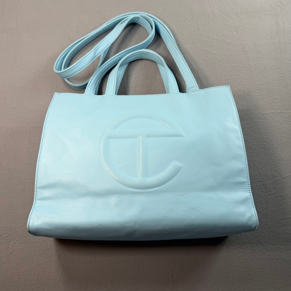 Telfar Pool Blue Shopping Bag Unisex Medium Embossed Logo Vegan Leather Tote